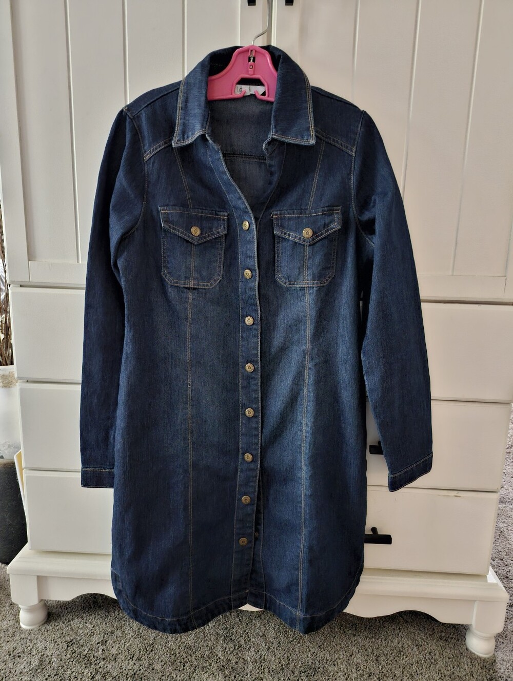Dark Blue Denim Shirt Jacket/dress Women's Casual Button-Front Sz S